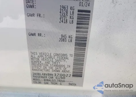 2024 Nissan Altima S Fwd from USA, damaged, VIN 1N4BL4BV8RN370022